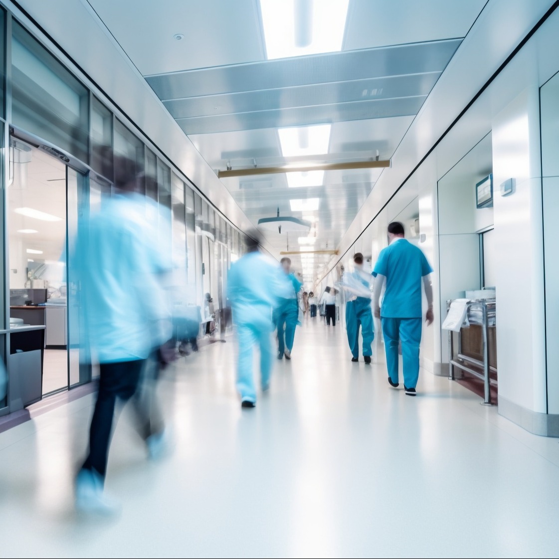 healthcare workers inside a medical facility walking in a corridor